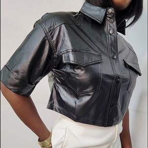 Women’s Cropped Vegan Leather Button Front Faux Leather Top